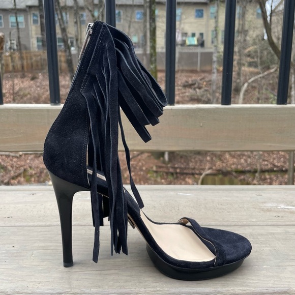 Michael Kors Daphne Black Fringe Platform Open Toe Stiletto Sandals Shoes 39.5 - Picture 11 of 16